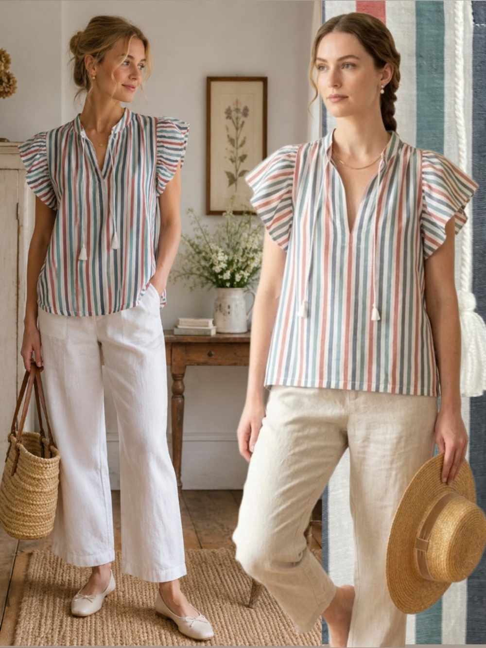 Trovata Striped Blouse Shirt Top Blue Red Short Flutter Sleeves Cottage Boho S